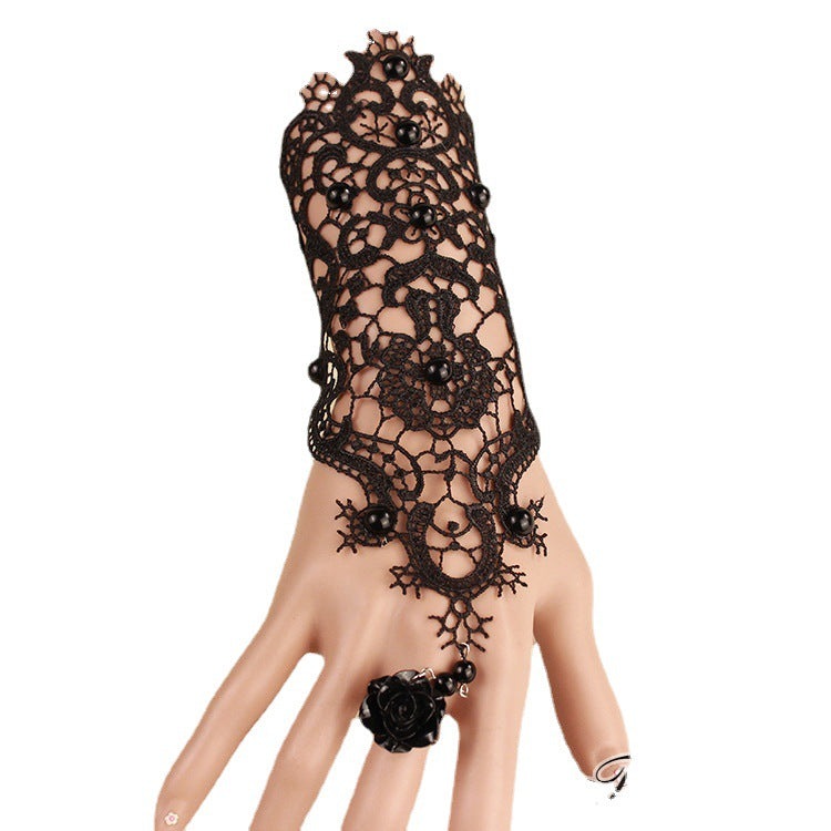 The Nevermore Gloves - Black Lace Bracelet Band Ring Integrated Chain