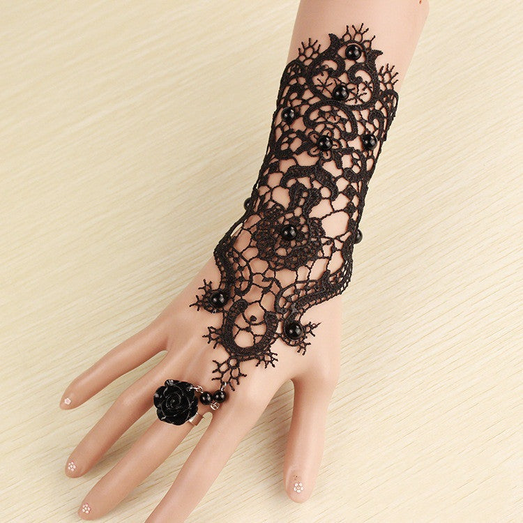 The Nevermore Gloves - Black Lace Bracelet Band Ring Integrated Chain