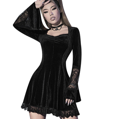 Trinity Darksky - The Nevermore Gothic Dress - for Women Flared Sleeve Lace Edge Patchwork Skirt