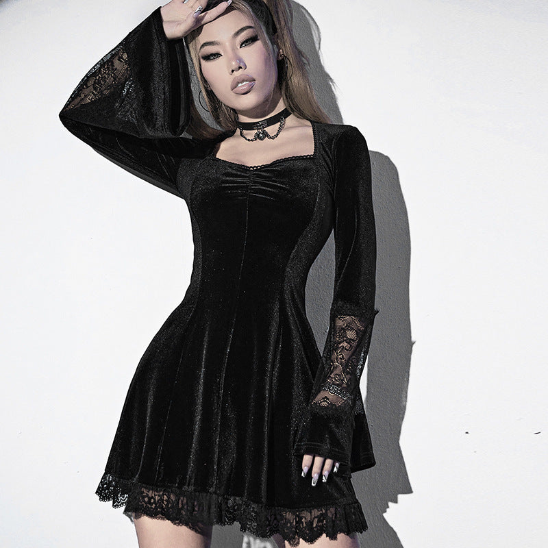 Trinity Darksky - The Nevermore Gothic Dress - for Women Flared Sleeve Lace Edge Patchwork Skirt