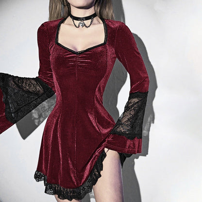 Trinity Darksky - The Nevermore Gothic Dress - for Women Flared Sleeve Lace Edge Patchwork Skirt