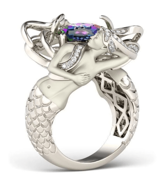 Twin Mermaids with Gemstone and Zircon - The Nevermore Ring 925 Sterling Silver plated copper