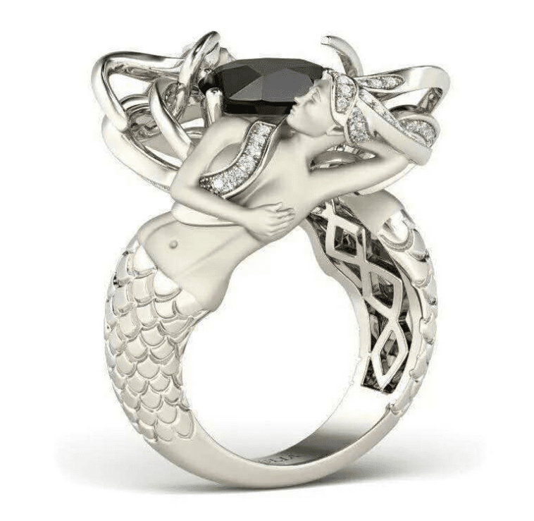 Twin Mermaids with Gemstone and Zircon - The Nevermore Ring 925 Sterling Silver plated copper