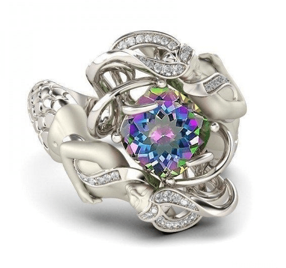 Twin Mermaids with Gemstone and Zircon - The Nevermore Ring 925 Sterling Silver plated copper