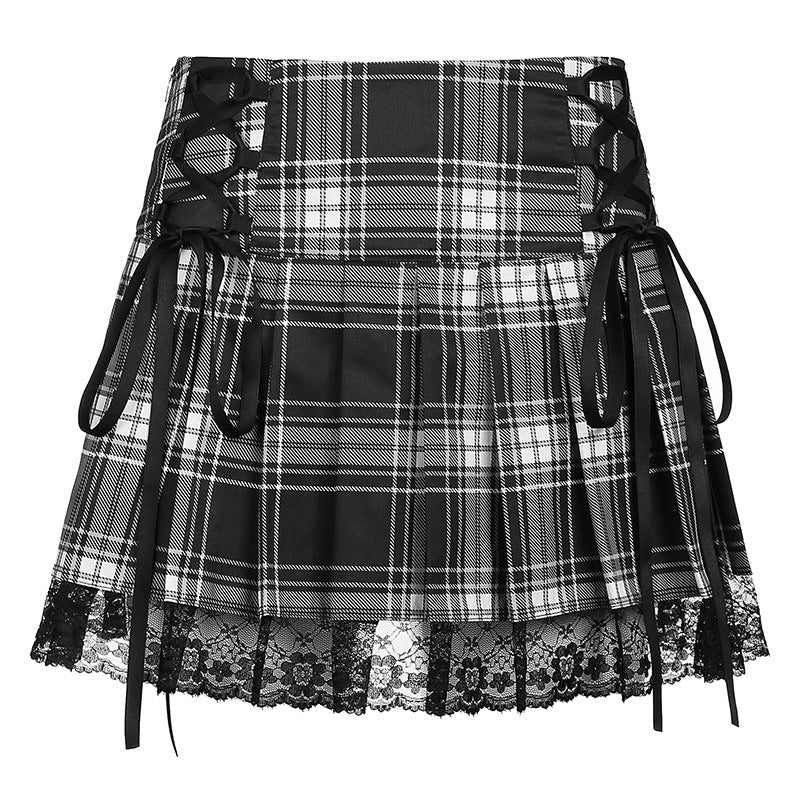 Xena Shadowwell - The Nevermore Gothic Sexy Lace Check Pleated Skirt