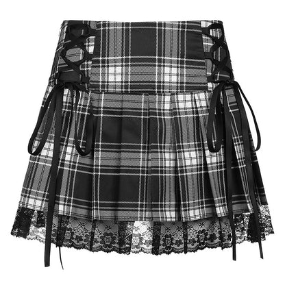 Xena Shadowwell - The Nevermore Gothic Sexy Lace Check Pleated Skirt