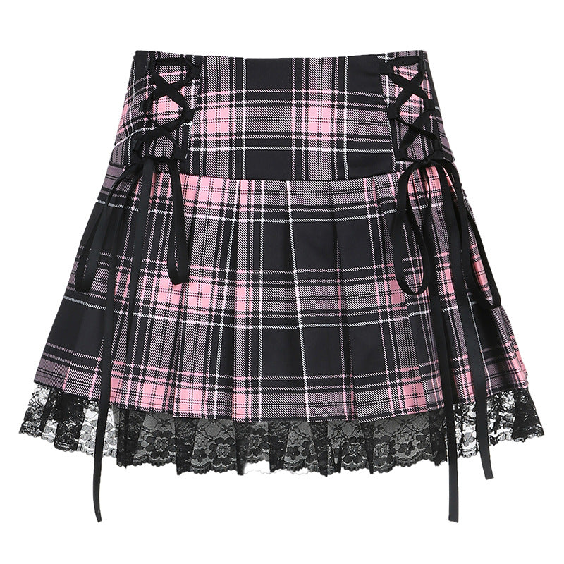 Xena Shadowwell - The Nevermore Gothic Sexy Lace Check Pleated Skirt