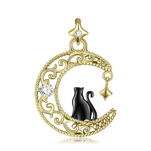 Black cat and crescent moon S925 silver pendant