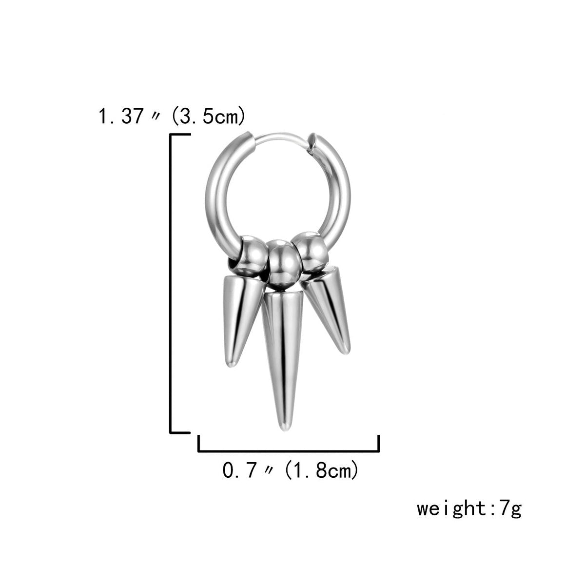 Abraham Firestone triple-spike hoop earring size diagram showing 3.5 cm height and 1.8 cm width