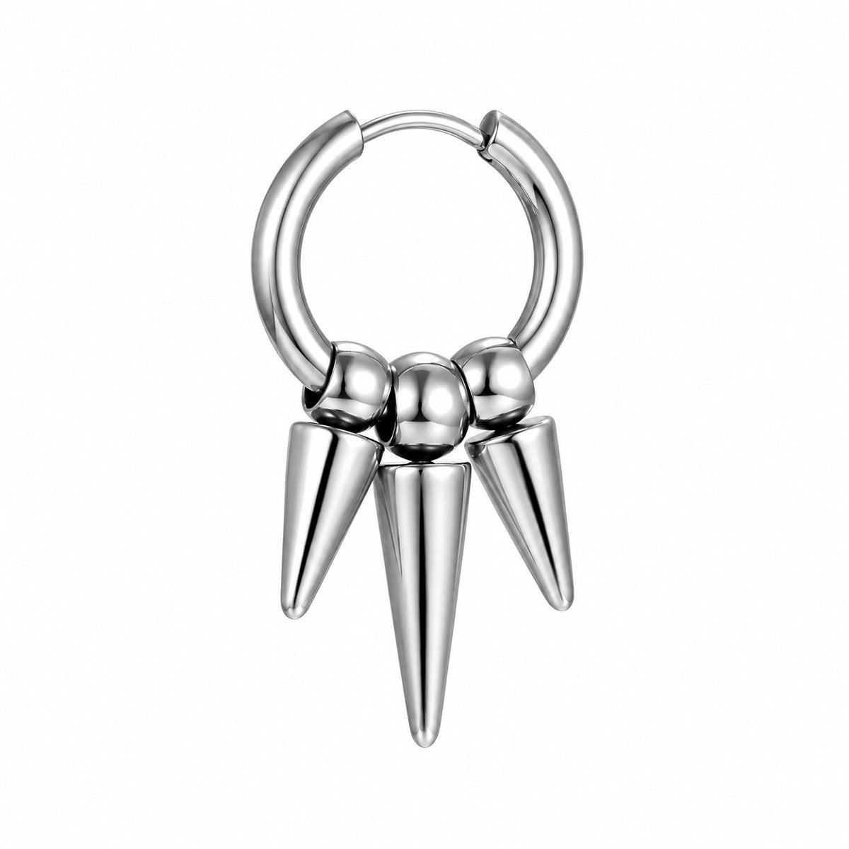 Abraham Firestone silver-tone hoop earring with three tapered spike charms on a white background