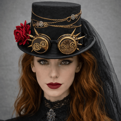 Aether Crown – Steampunk Gear Top Hat by The Nevermore – Unique Steampunk Hats by Nevermore Lifestyle & Tech | High Hat with voile