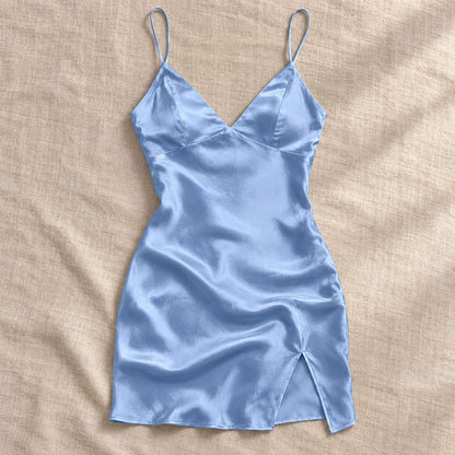 Amari Combs – Satin Mini Slip Dress by The Nevermore – Unique Dresses by The Nevermore | L Blue