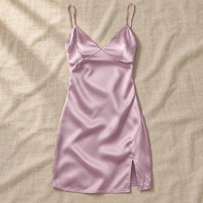 Amari Combs – Satin Mini Slip Dress by The Nevermore – Unique Dresses by The Nevermore | L Pink