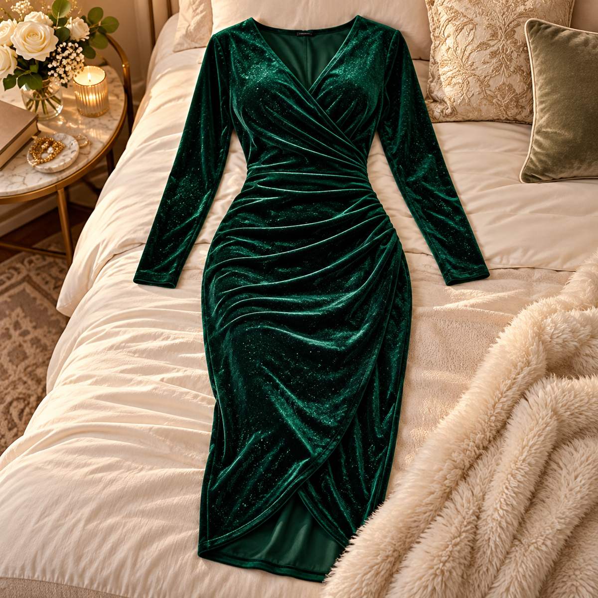 Amory green velvet midi dress arranged on a styled bed in an elegant bedroom.