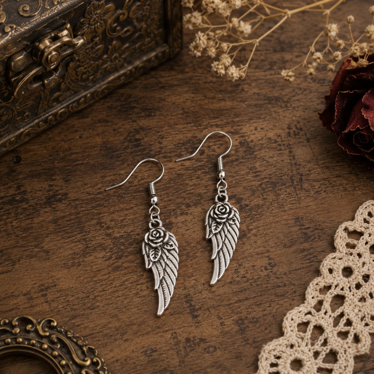 Angel Wing Earrings - Rosewing Relic by The Nevermore – Unique Earrings by The Nevermore | Antique Silver