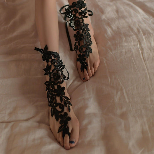 Anklet Barefoot Sandals Lace Accessories - The Nevermore Accessories for Women – Unique Boho Anklet Barefoot Sandals by Nevermore Lifestyle & Tech | One size Black