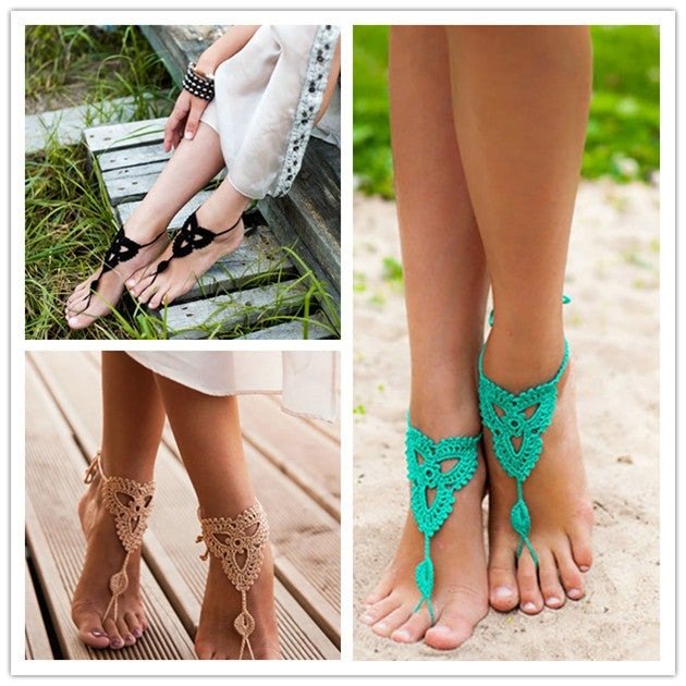Anklet Foot knitted jewelry in flower shape - The Nevermore Boho Anklet Barefoot Sandals – Unique Boho Anklet Barefoot Sandals by Nevermore Lifestyle & Tech | Apricot