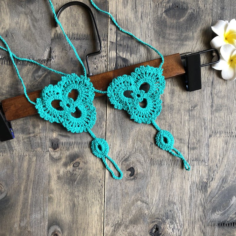 Anklet Foot knitted jewelry in flower shape - The Nevermore Boho Anklet Barefoot Sandals – Unique Boho Anklet Barefoot Sandals by Nevermore Lifestyle & Tech | Green