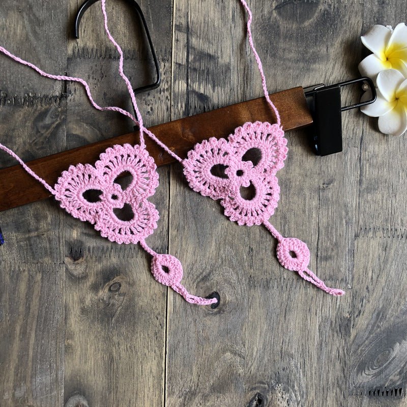 Anklet Foot knitted jewelry in flower shape - The Nevermore Boho Anklet Barefoot Sandals – Unique Boho Anklet Barefoot Sandals by Nevermore Lifestyle & Tech | Pink