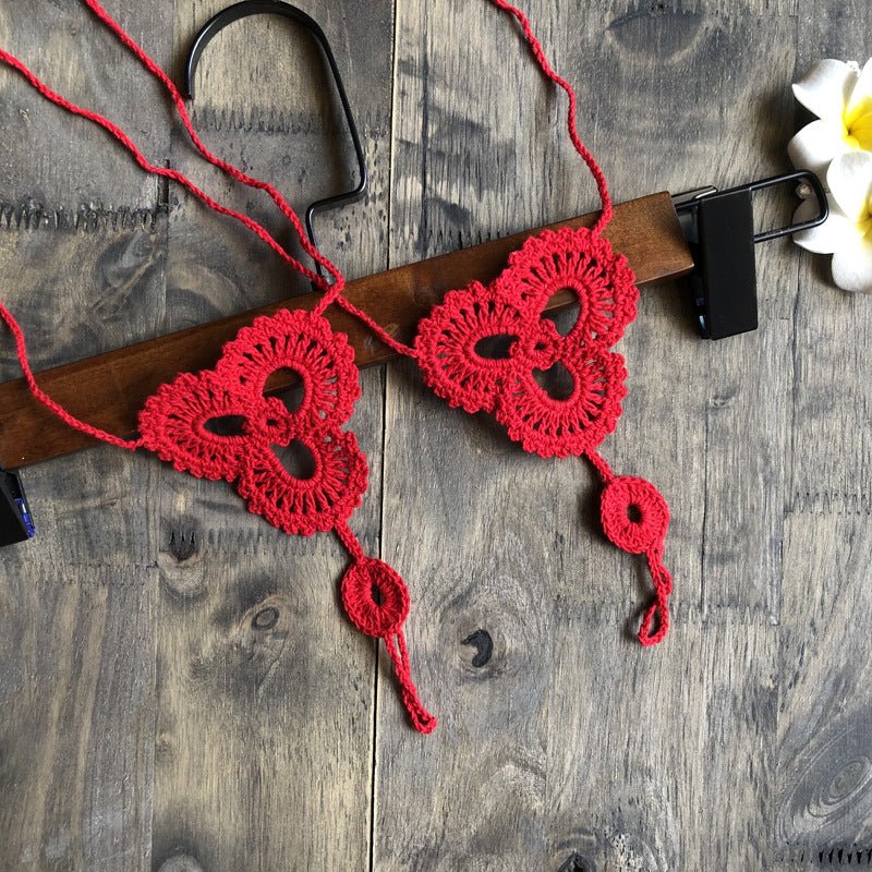 Anklet Foot knitted jewelry in flower shape - The Nevermore Boho Anklet Barefoot Sandals – Unique Boho Anklet Barefoot Sandals by Nevermore Lifestyle & Tech | Red