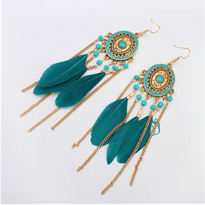 Araadil - Long Boho Feather Earrings by The Nevermore – Unique Earrings by Nevermore Lifestyle & Tech | 7 style