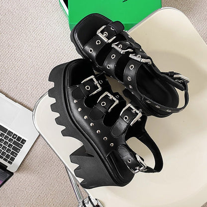 Aurat Gothic Platform Sandals - Black & White Leather by The Nevermore – Unique Gothic Fashion for Women by Nevermore Lifestyle & Tech | 34 White