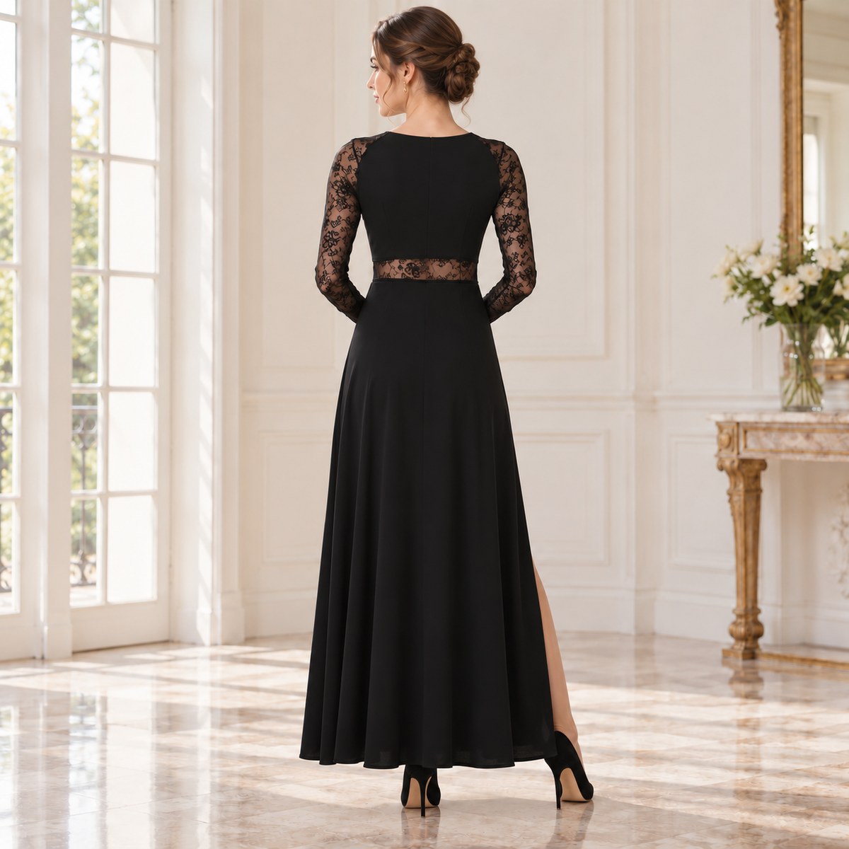 Aurora Vale black lace split dress on model, back view