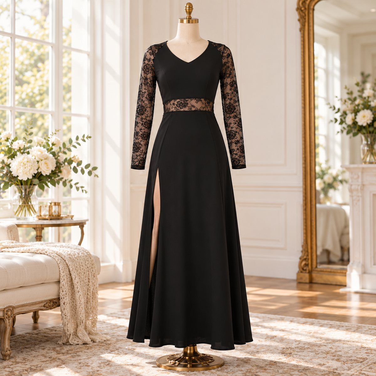 Aurora Vale black lace split dress product view