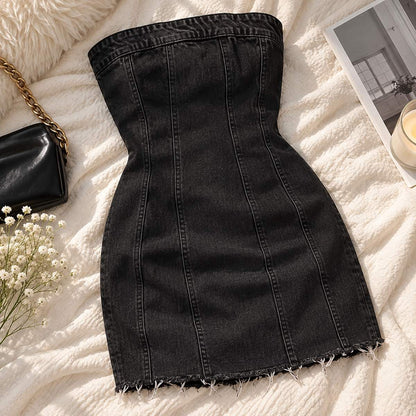 Azure Spine – Strapless Denim Mini Dress by The Nevermore – Unique Dresses by The Nevermore | L Black