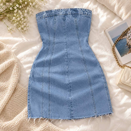 Azure Spine – Strapless Denim Mini Dress by The Nevermore – Unique Dresses by The Nevermore | L Light Blue