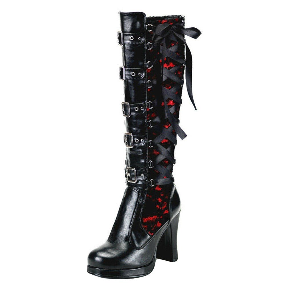 Beatrix DuskyRose - Gothic Waterproof Platform Boots by The Nevermore – Unique Gothic Fashion for Women by Nevermore Lifestyle & Tech | 34 Red
