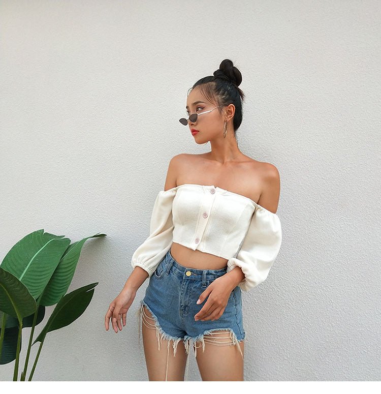 Beige Off-Shoulder Lantern Sleeve Blouse by The Nevermore