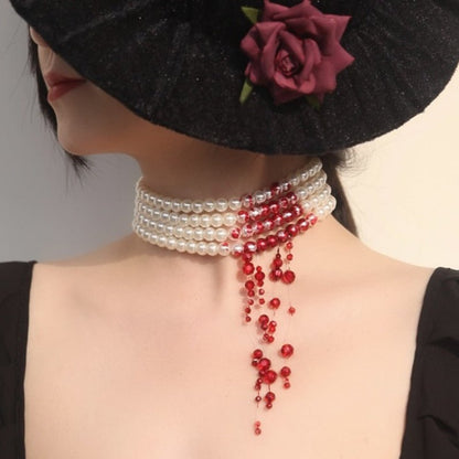 Bellatrix Velvet Bite Mark Blood Pearls - The Nevermore Gothic Choker Necklace for Women – Unique Jewelry by Nevermore Lifestyle & Tech | Necklace four layers