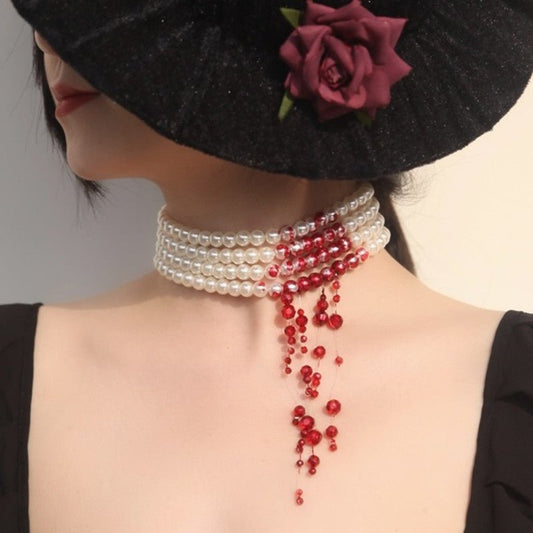 Bellatrix Velvet Bite Mark Blood Pearls - The Nevermore Gothic Choker Necklace for Women – Unique Jewelry by Nevermore Lifestyle & Tech | Necklace four layers