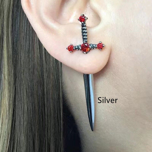 Blade Sorrow Dagger - The Nevermore Gothic Earrings – Unique Gothic Jewelry by Nevermore Lifestyle & Tech | Silver Red