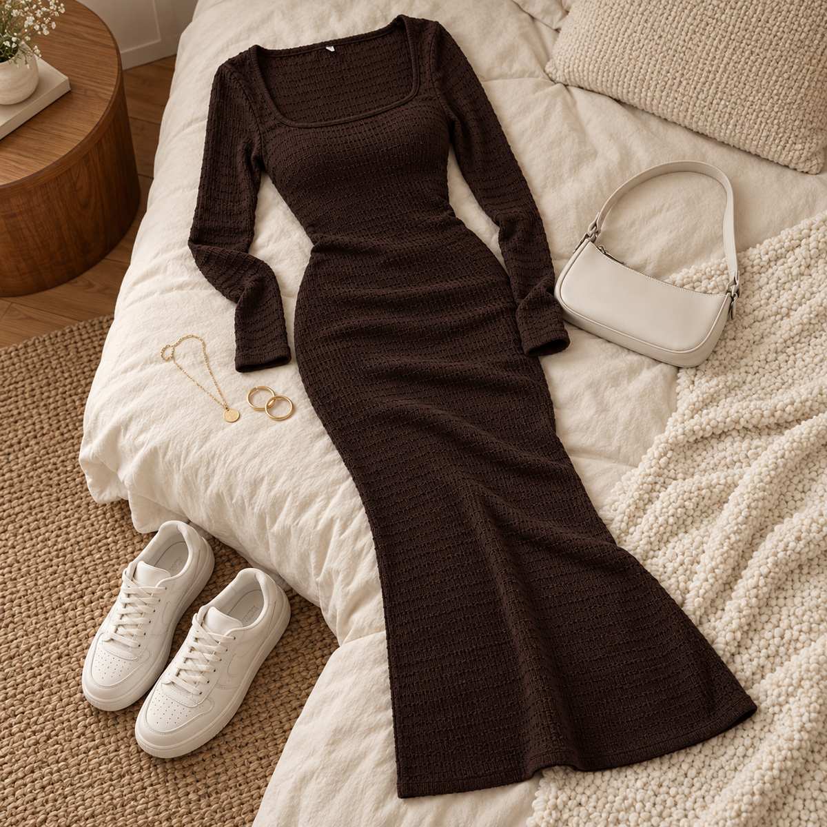 Blaze – Elegant Knitted Maxi Dress by The Nevermore – Unique Dresses by The Nevermore | L Brown