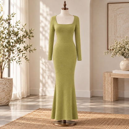 Blaze – Elegant Knitted Maxi Dress by The Nevermore – Unique Dresses by The Nevermore | L Grass Green