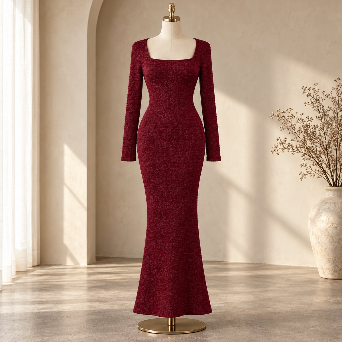 Blaze – Elegant Knitted Maxi Dress by The Nevermore – Unique Dresses by The Nevermore | L Wine Red