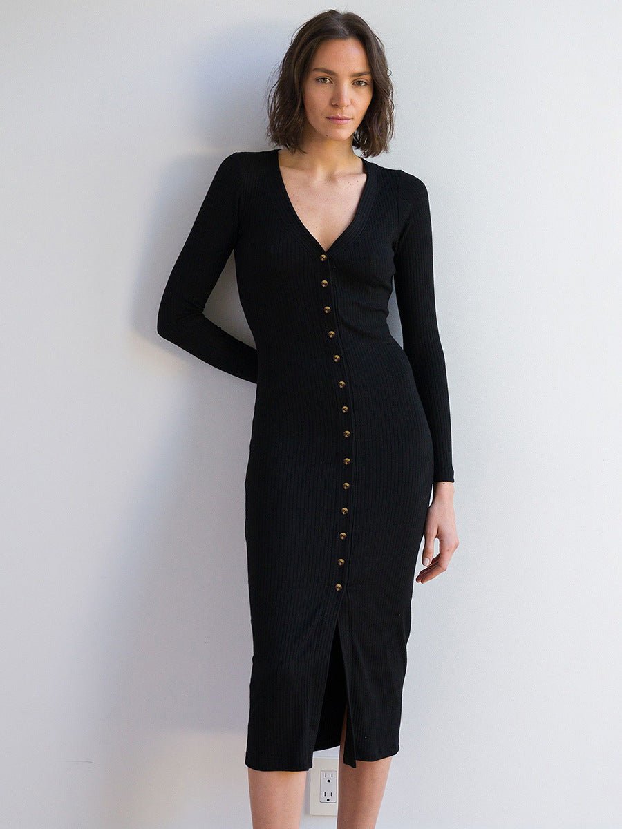 Black Ribbed Button-Front Midi Dress | The Nevermore