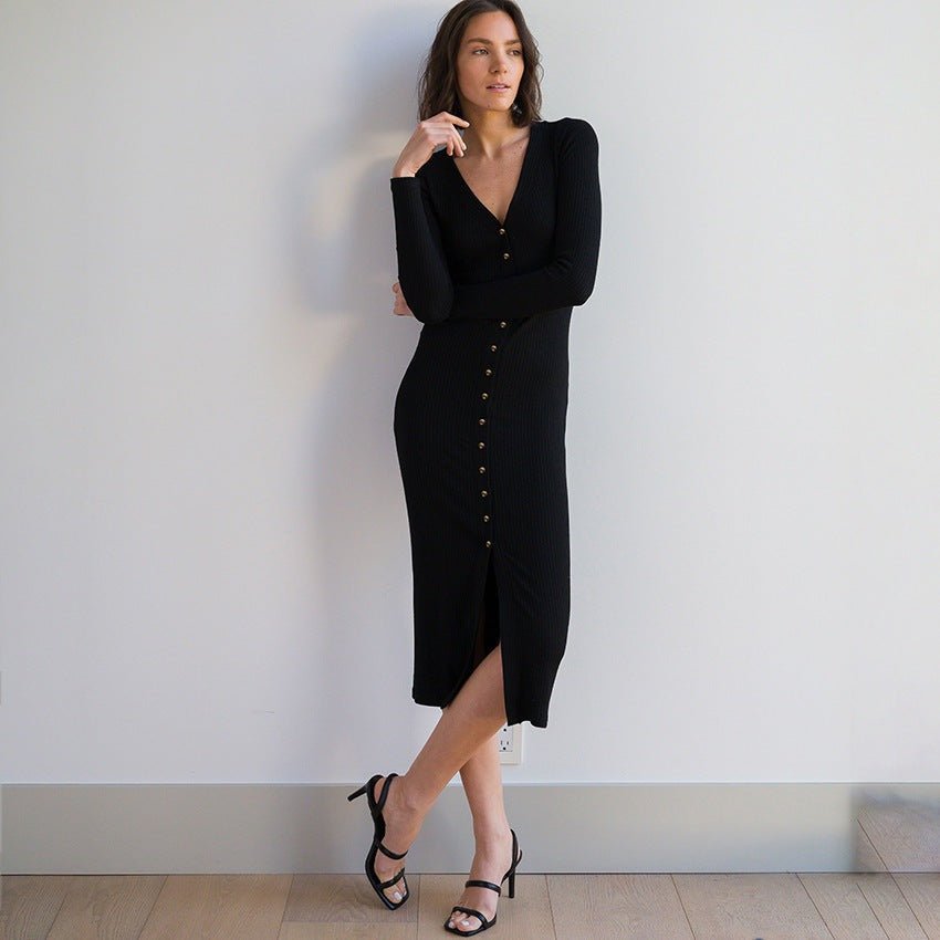 Black Ribbed Button-Front Midi Dress | The Nevermore