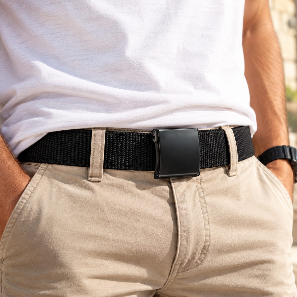 Black woven belt with a black buckle, worn with a white T-shirt and beige trousers.