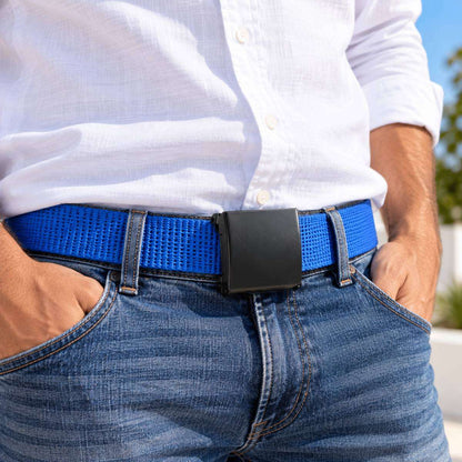 Blue woven belt with a black buckle, worn with a white shirt and blue jeans.