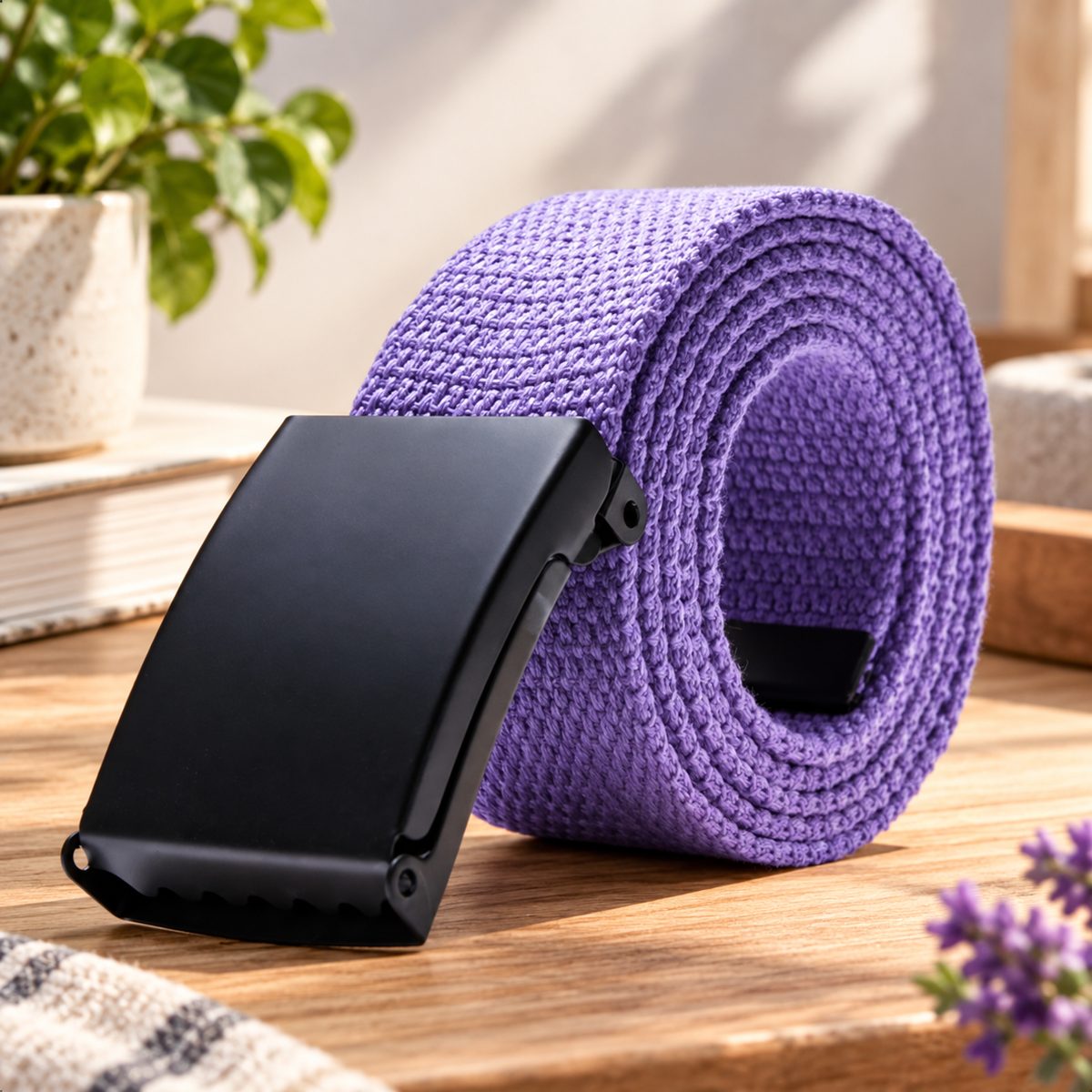 Purple woven belt arranged in a coil with its black buckle facing forward.