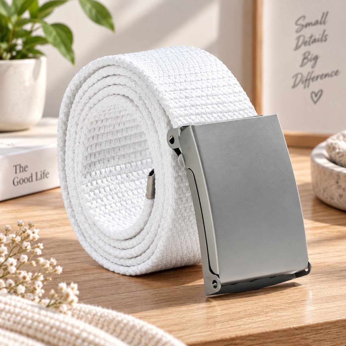 White woven belt arranged in a coil with its silver buckle facing forward.