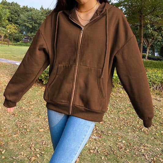Casual Solid Color Hooded Zipper Sweater - The Nevermore Hoodies for Woman – Unique Fashion for Women by Nevermore Lifestyle & Tech | 2XL Coffee