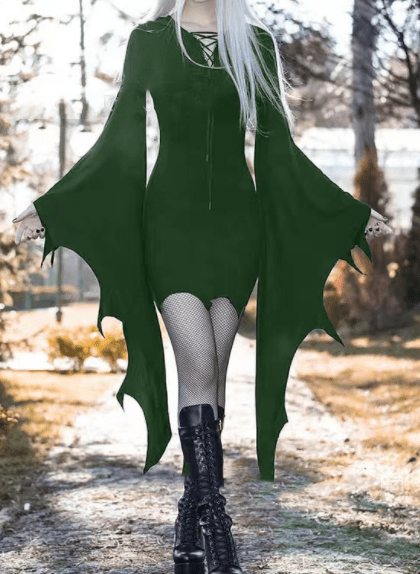 Celestina Noir - The Nevermore Gothic Vintage Slim Hooded Dress – Unique Gothic Fashion for Women by Nevermore Lifestyle & Tech | 2XL Blackish green