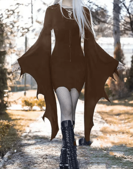 Celestina Noir - The Nevermore Gothic Vintage Slim Hooded Dress – Unique Gothic Fashion for Women by Nevermore Lifestyle & Tech | 2XL Dark brown