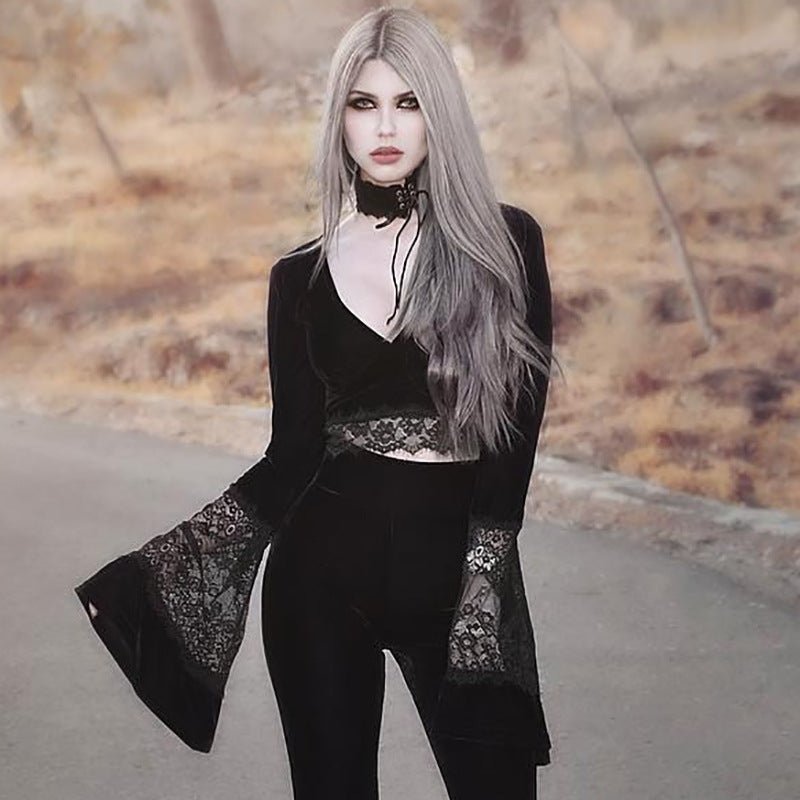 Chandra Veil – Velvet Lace Cropped Top by The Nevermore – Unique Gothic Fasfion for Women by Nevermore Lifestyle & Tech | L Black