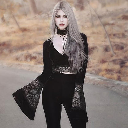 Chandra Veil – Velvet Lace Cropped Top by The Nevermore – Unique Gothic Fasfion for Women by Nevermore Lifestyle & Tech | L Black