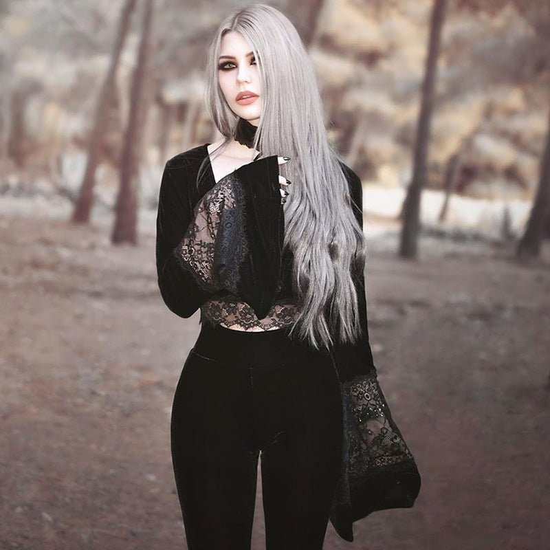 Chandra Veil – Velvet Lace Cropped Top by The Nevermore – Unique Gothic Fasfion for Women by Nevermore Lifestyle & Tech | L Black